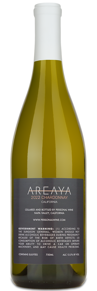 A bottle of Areaya California Chardonnay with an elegant gold label.