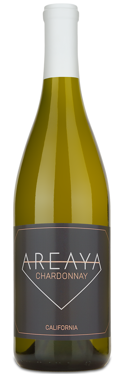 A bottle of Areaya California Chardonnay with a dark label and white cap.