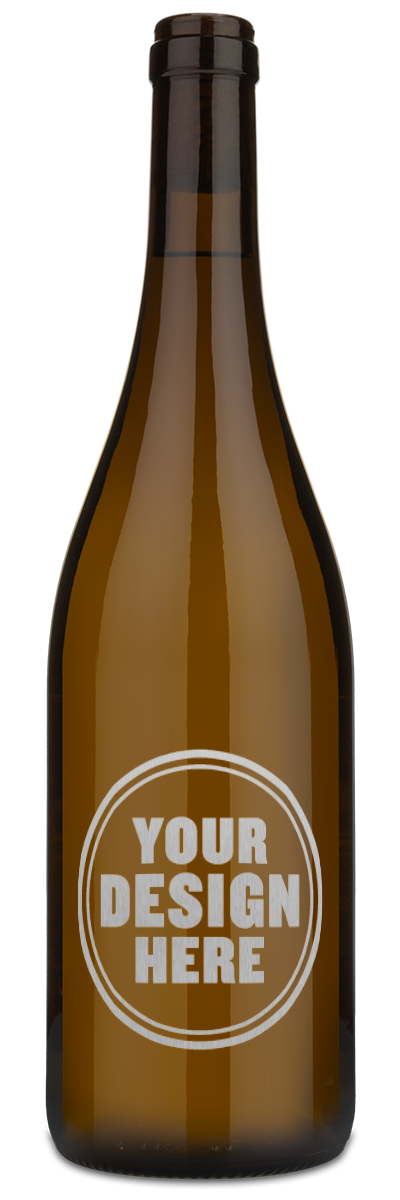 A bottle of Avaline Chardonnay with a silver engraving example that says "Your Design Here."