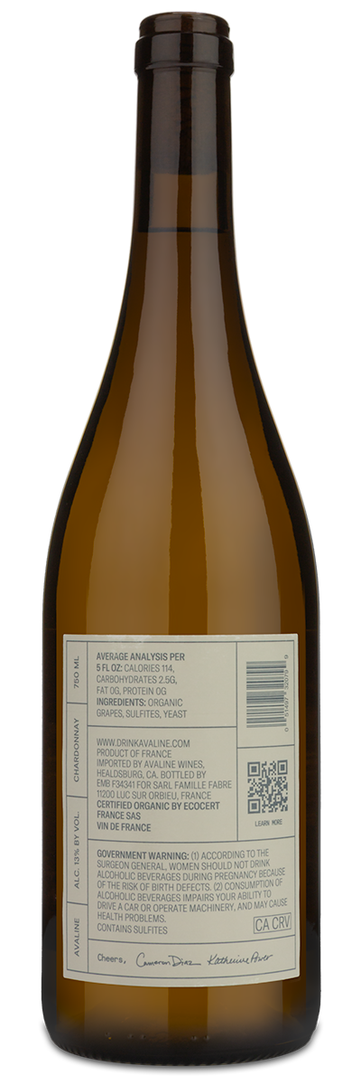 A bottle of Avaline Chardonnay showing the winery back label.