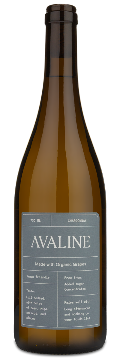 A bottle of Avaline Chardonnay with the winery front label.