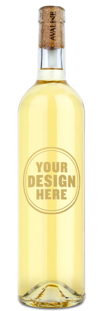 A bottle of Avaline Pinot Grigio showing a custom engraving with gold inlay.