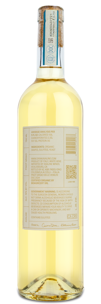 A bottle of Avaline Pinot Grigio showing the winery back label.