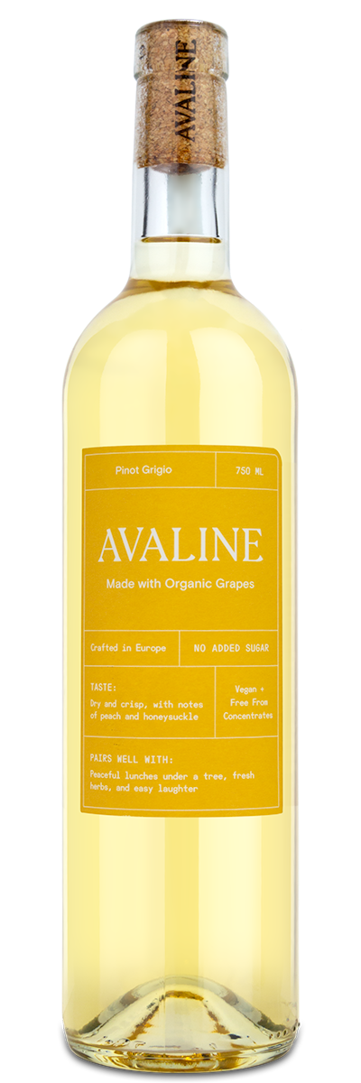 A bottle of Avaline Pinot Grigio showing the winery front label.