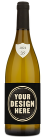 A wine bottle with a blank label reading YOUR DESIGN HERE.
