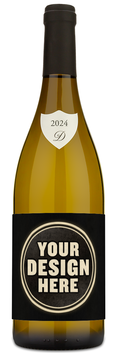 A wine bottle with a blank label reading YOUR DESIGN HERE.