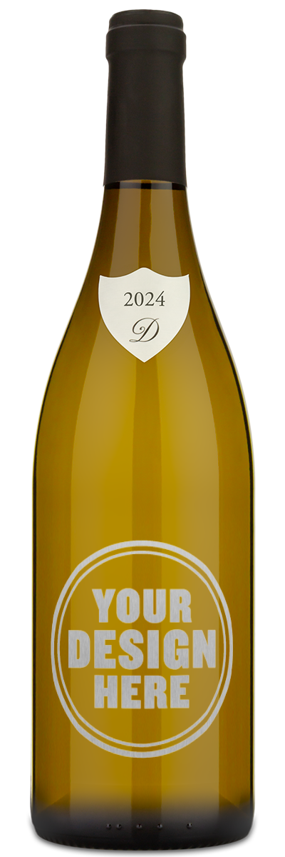 A wine bottle with a black cap and silver engraving example, reading "Your Design Here."