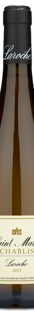 Bottle of Domaine Laroche Saint Martin Chablis with a cream label and black cap.