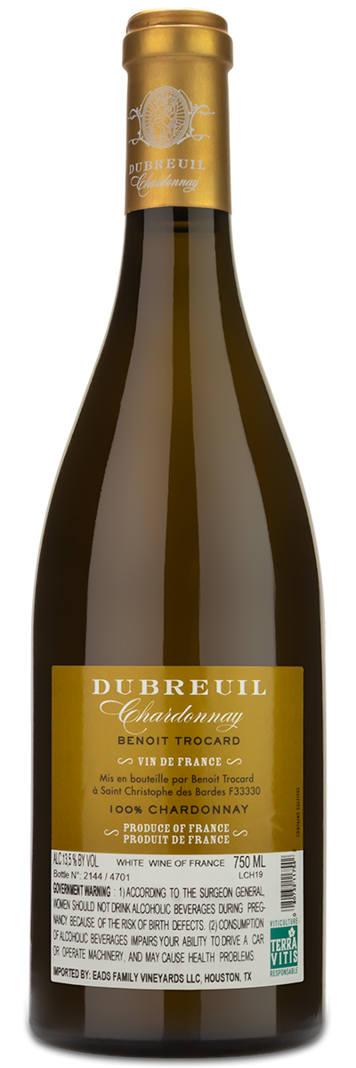 A personalized 2019 trocard Dubreuil Chardonnay bottle with a gold label and foil, featuring origin details.