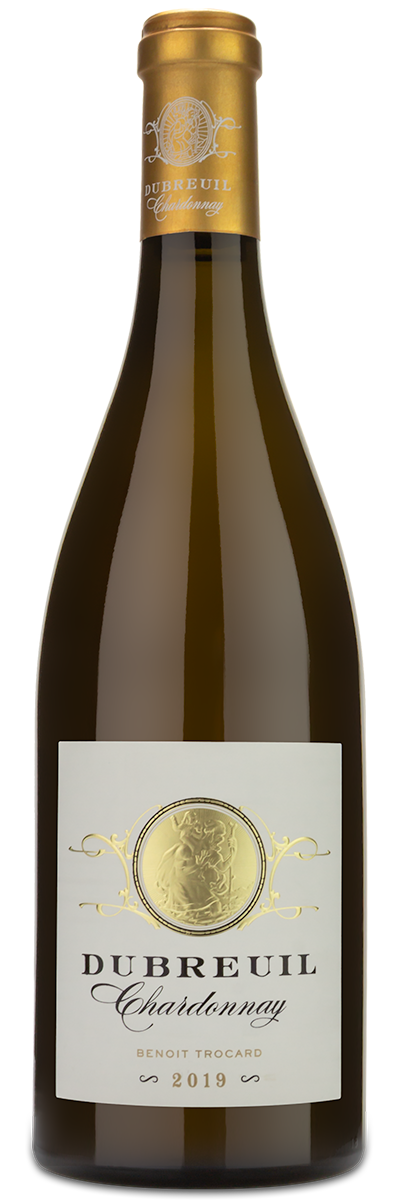A 2019 Dubreuil Chardonnay by trocard with custom label, gold foil top, and elegant cream design.
