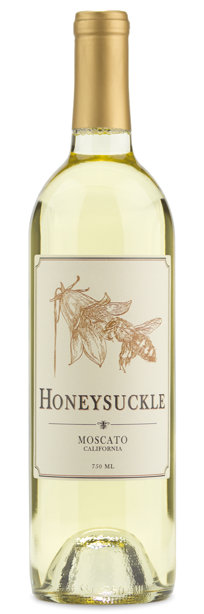 A bottle of personalwine Honeysuckle California Moscato with a gold cap and a custom bee and flower label.