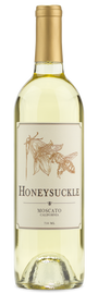 A bottle of Honeysuckle California Moscato with a gold cap and a label featuring a honeysuckle flower and bee.