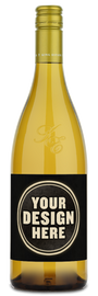 A KingEstate Pinot Gris wine bottle with a gold cap and black label that says YOUR DESIGN HERE in white letters.