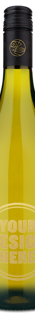 A clear Laroche wine bottle with a black cap and blank label, standing upright against a plain background.