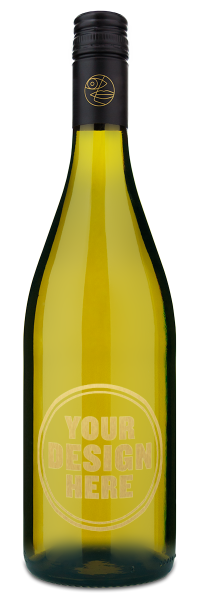 A clear Laroche wine bottle with a black cap and blank label, standing upright against a plain background.