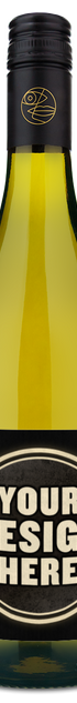A bottle of Laroche La Chevaliere Sauvignon Blanc with a black label that says Your Design Here in bold white letters.