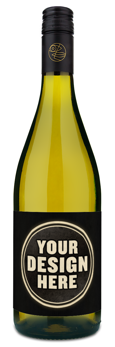 A bottle of Laroche La Chevaliere Sauvignon Blanc with a black label that says Your Design Here in bold white letters.
