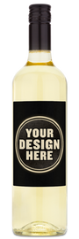 A clear wine bottle with a bold white label that says YOUR DESIGN HERE in large black letters.