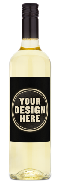 A clear wine bottle with a bold white label that says YOUR DESIGN HERE in large black letters.