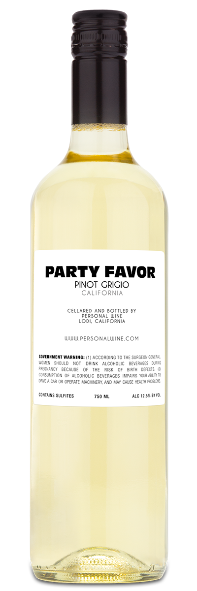 Bottle of Pinot Grigio with a blank white label, standing upright against a plain background.