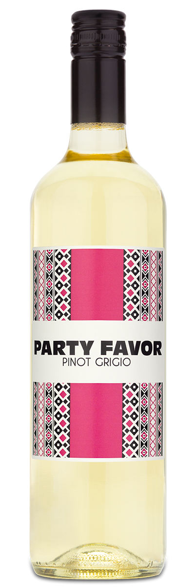 Clear glass bottle of Pinot Grigio with a black screw cap and a pink, black, and white custom label.