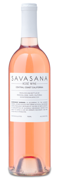 A bottle of Savasana California Rosé with a minimalist label is set against a plain, light background.