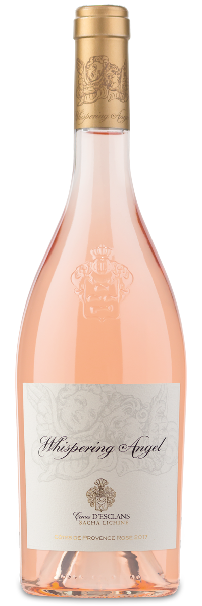 A bottle of cavesdesclans Château dEsclans Whispering Angel rosé with a custom label and gold cap for a unique touch.