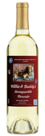 A wine bottle labeled Doxie Rescue | Willie & Buddys Honeysuckle Moscato by personalwine, with a dachshund on a rug.