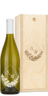 Custom wine bottle and wooden box, both engraved with floral designs and the initials “S & A” visible.