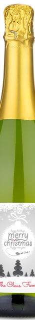 A Christmas ornament label on a wine bottle, personalized with The Claus Family at the bottom.