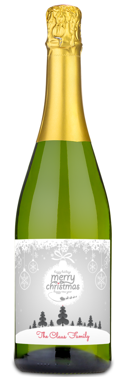 A Christmas ornament label on a wine bottle, personalized with The Claus Family at the bottom.