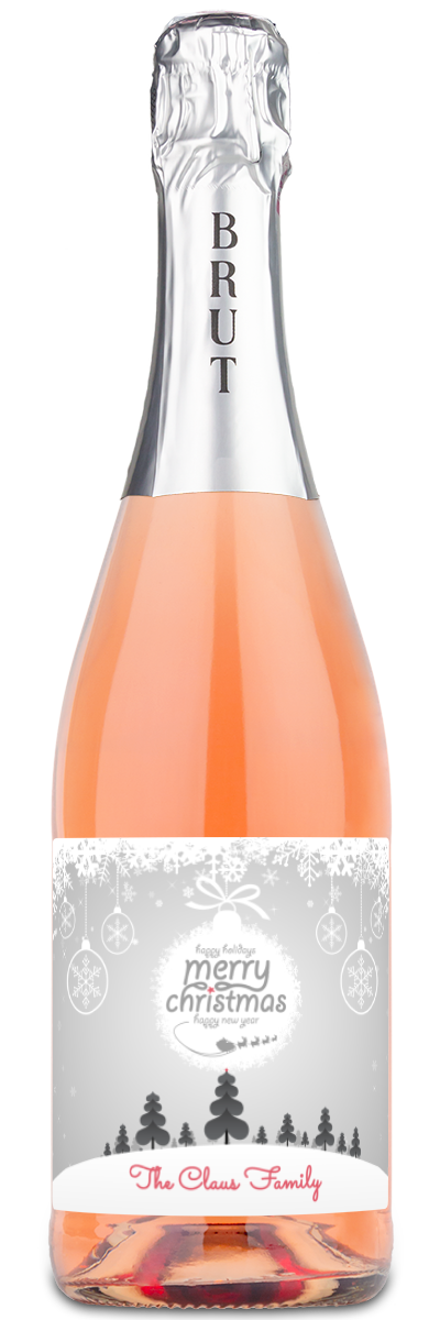 A bottle of wine with a Christmas ornament-themed label reading Merry Christmas and decorated with festive designs.