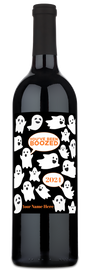 Wine bottle with cartoon ghosts, YOUVE BEEN BOOZED 2024, and a personalized name on the Halloween-themed label.