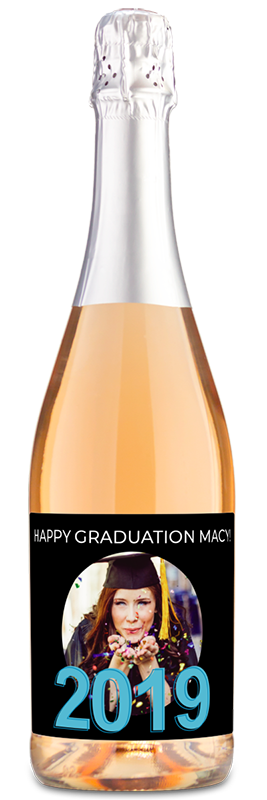Champagne bottle with Happy Graduation Macy label, a graduate’s photo, and bold blue 2019 text.