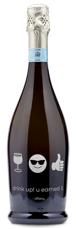 Champagne bottle with playful icons and a label reading drink up u earned it.—Tiffany.