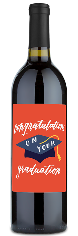 Wine bottle with a red label that says Congratulations on your graduation and shows a graduation cap graphic.