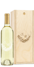 Engraved wood wine box and bottle, both personalized with floral initials S & A.