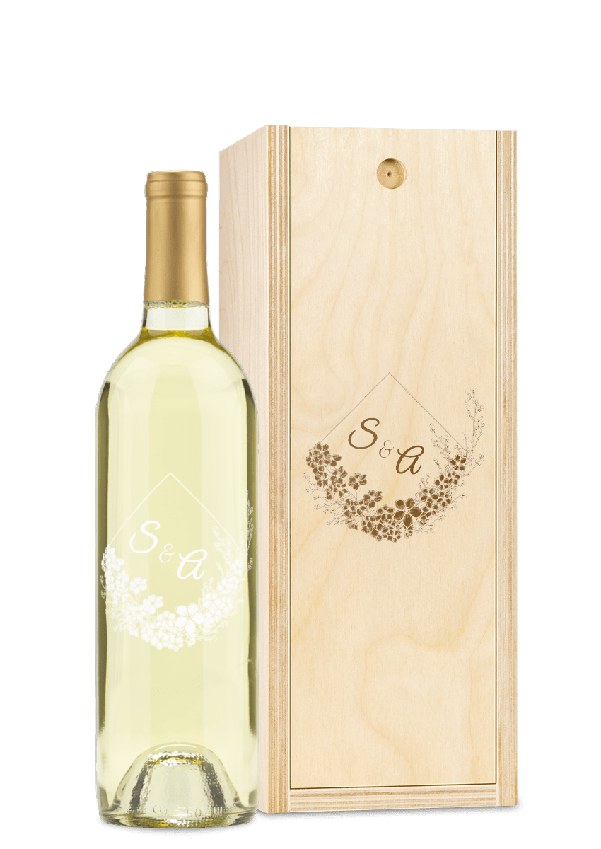 Engraved wood wine box and bottle, both personalized with floral initials S & A.
