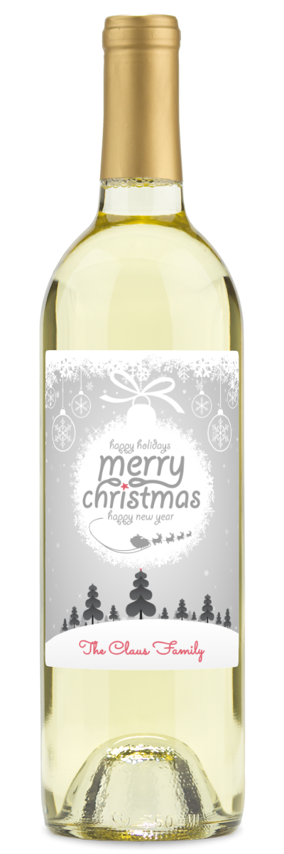 Wine bottle with a festive label reading Merry Christmas and The Claus Family in red script.