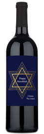 Blue and gold Star of David label with the text Happy Hanukkah. Lchaim, The Cohens.