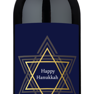 Blue and gold Star of David label with the text Happy Hanukkah. Lchaim, The Cohens.