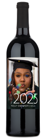 Wine bottle with custom label showing a grad photo, Class of 2025, Molly Gardner | UCLA in text.