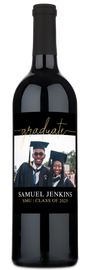 Wine bottle with a gold script label reading “Samuel Jenkins SMU Class of 2025.”.