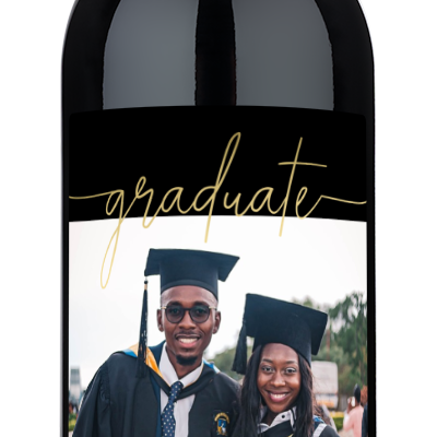 Wine bottle with a gold script label reading “Samuel Jenkins SMU Class of 2025.”.