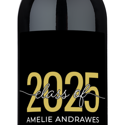 A wine bottle with a gold and white label reading Amelie Andrawes, University of Texas, Class of 2025.
