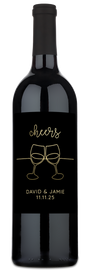 Two personalized wine flutes clinking together, each glass etched with custom text.