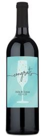 Personalized champagne flute with congrats, Julia & Lucas, 12.31.25 label and gold dot accents on the glass.