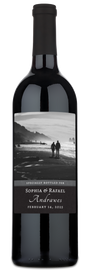 A wine bottle with a custom label reading Sophia & Rafael, Feb 14, 2025.