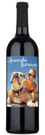 Custom wine bottle with a photo label showing two friends outdoors and the text friends forever.