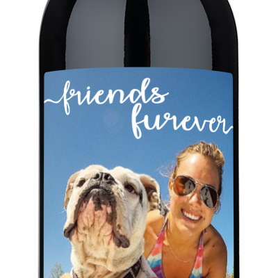 Custom wine bottle with a photo label showing two friends outdoors and the text friends forever.